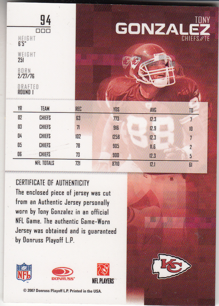 2007 Leaf Rookies and Stars Materials Gold Retail #94 Tony Gonzalez back image