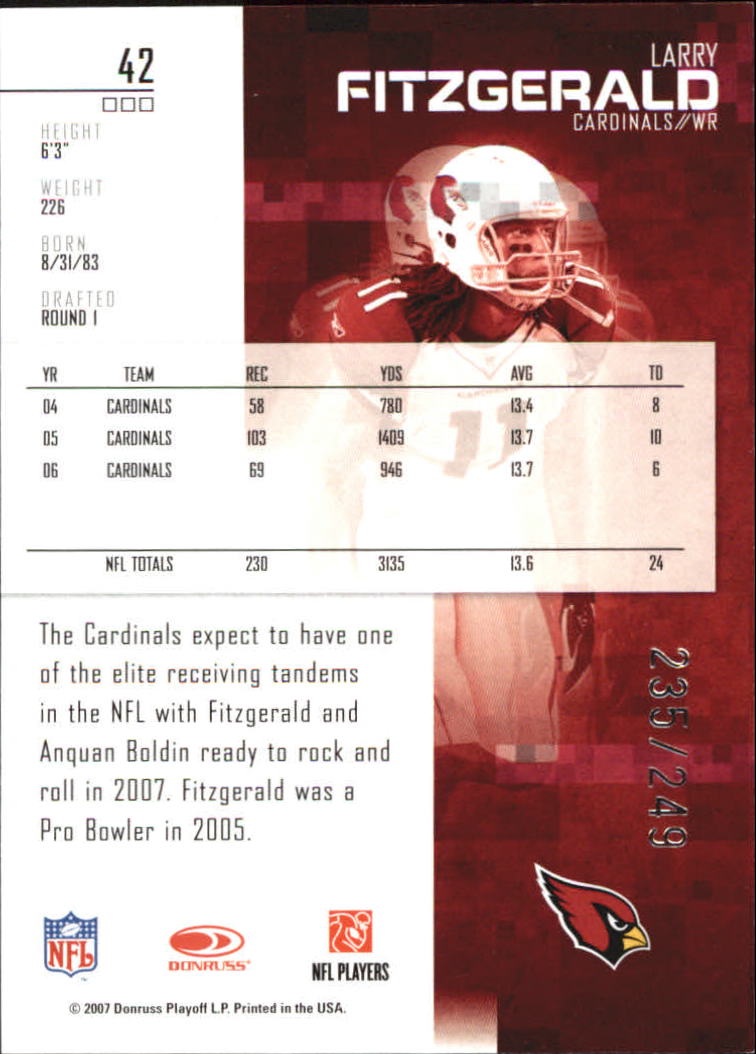 2007 Leaf Rookies and Stars Longevity Ruby #42 Larry Fitzgerald back image