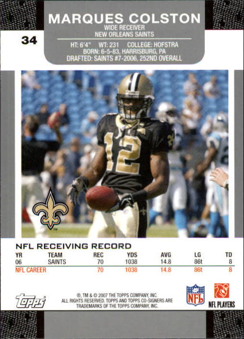 2007 Topps Co-Signers #34 Marques Colston back image
