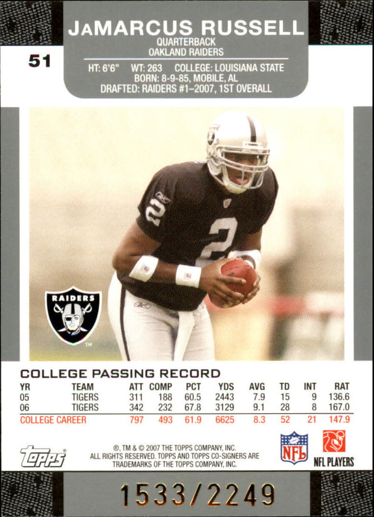2007 Topps Co-Signers #51 JaMarcus Russell RC back image