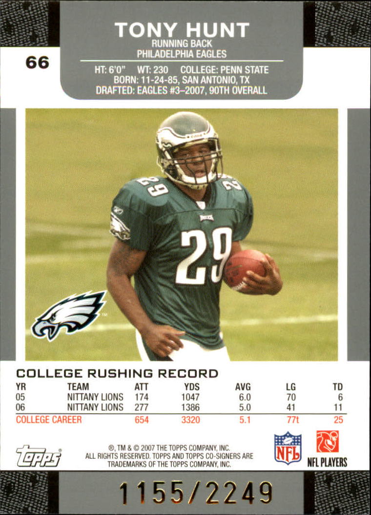 2007 Topps Co-Signers #66 Tony Hunt RC back image