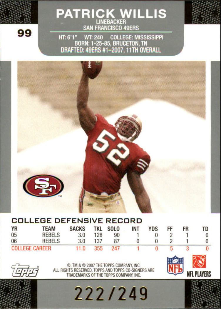 2007 Topps Co-Signers Changing Faces Gold Green #99B Patrick Willis/Frank Gore back image
