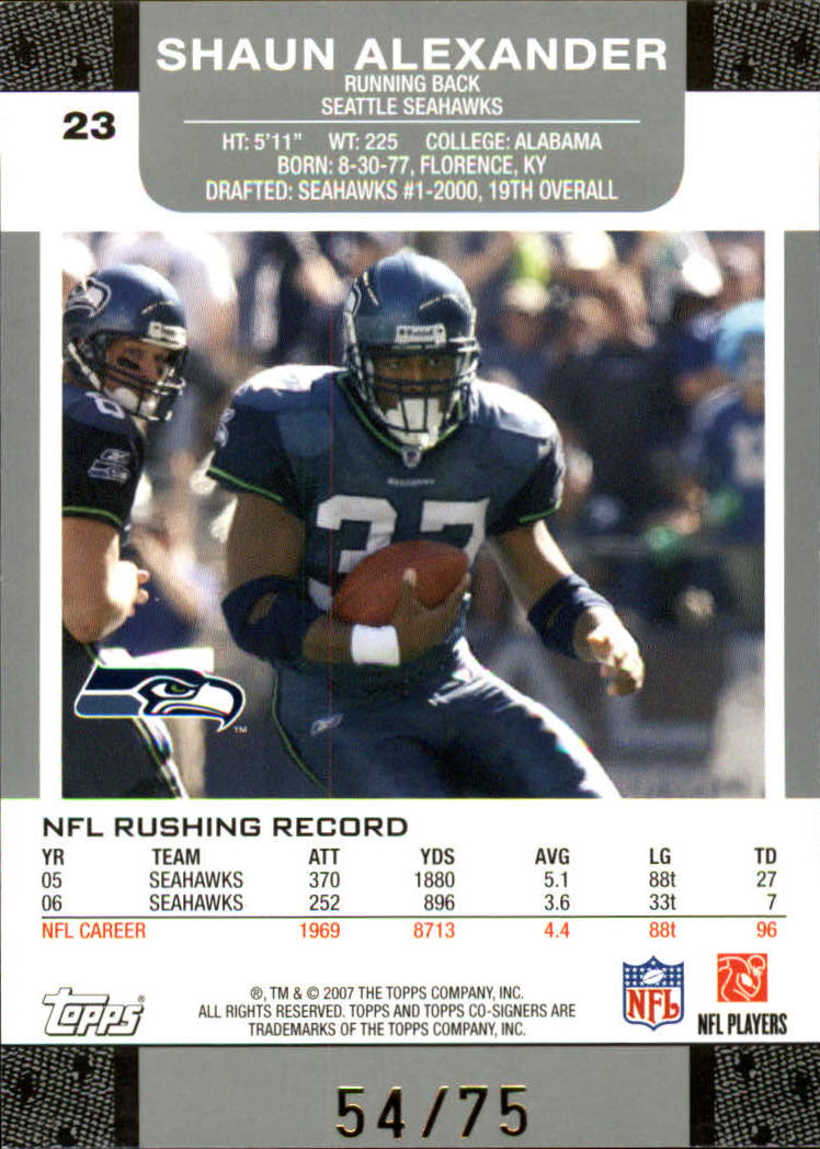 2007 Topps Co-Signers Changing Faces Holosilver Green #23A Shaun Alexander/Larry Johnson back image