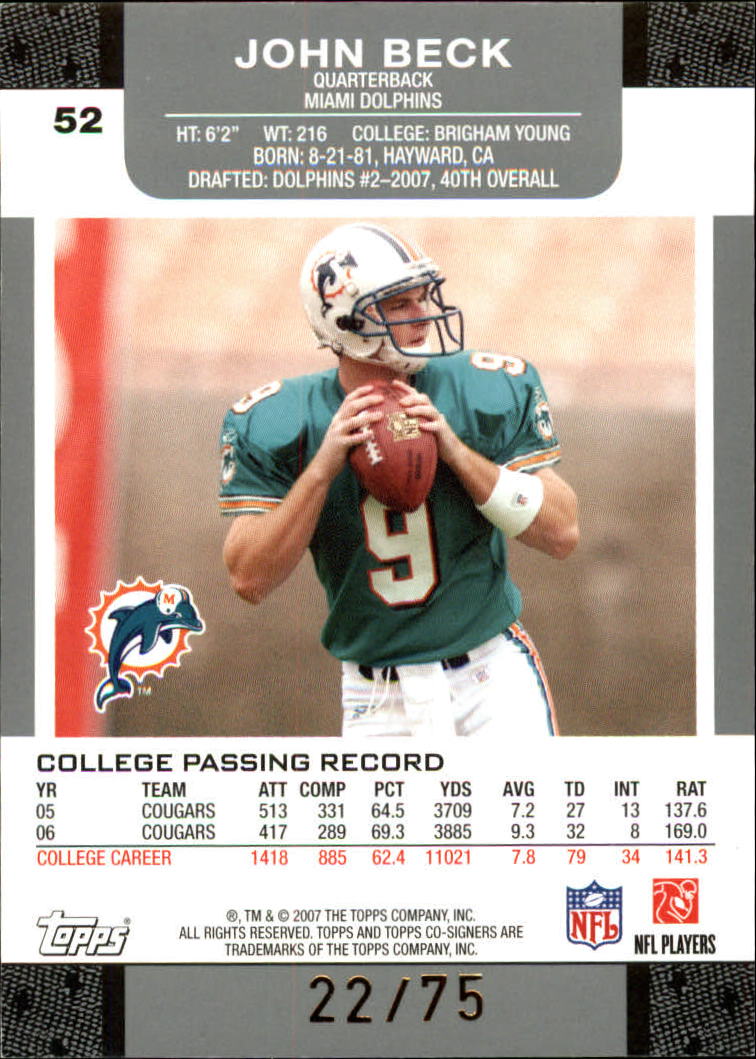 2007 Topps Co-Signers Changing Faces Holosilver Green #52B John Beck/Jay Cutler back image
