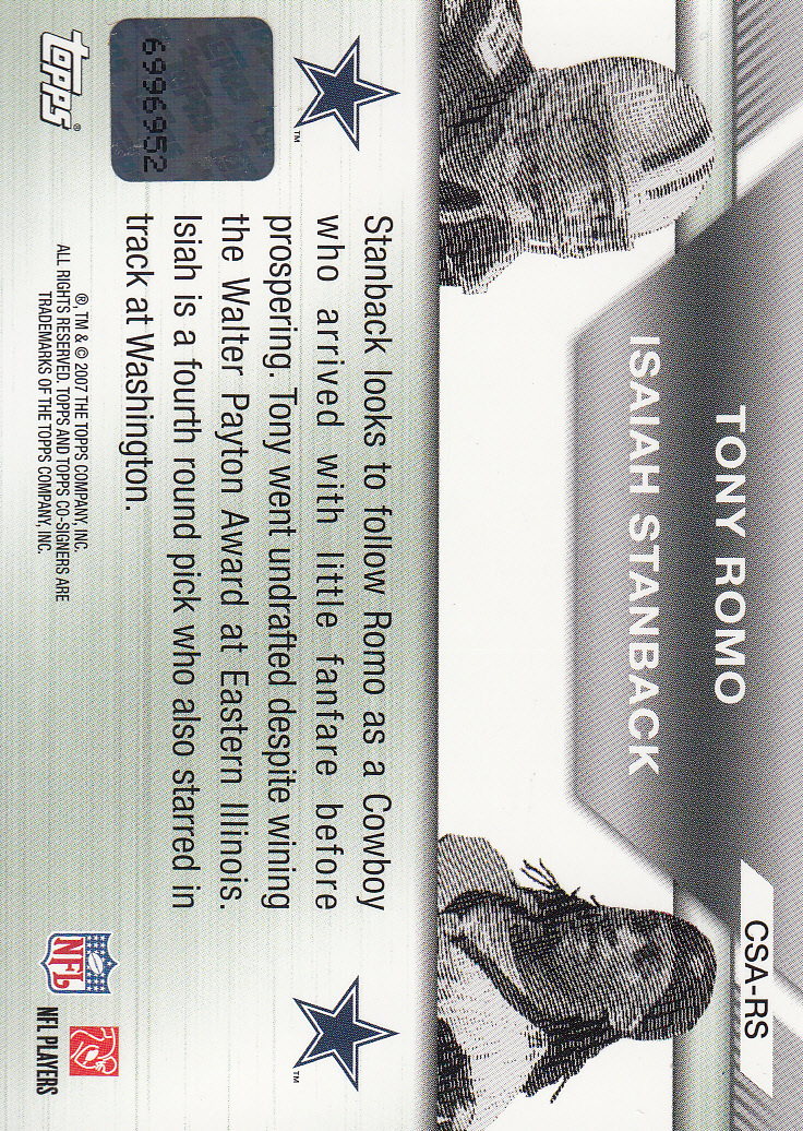 2007 Topps Co-Signers Co-Signer Autographs #RS Tony Romo J/Isaiah Stanback back image