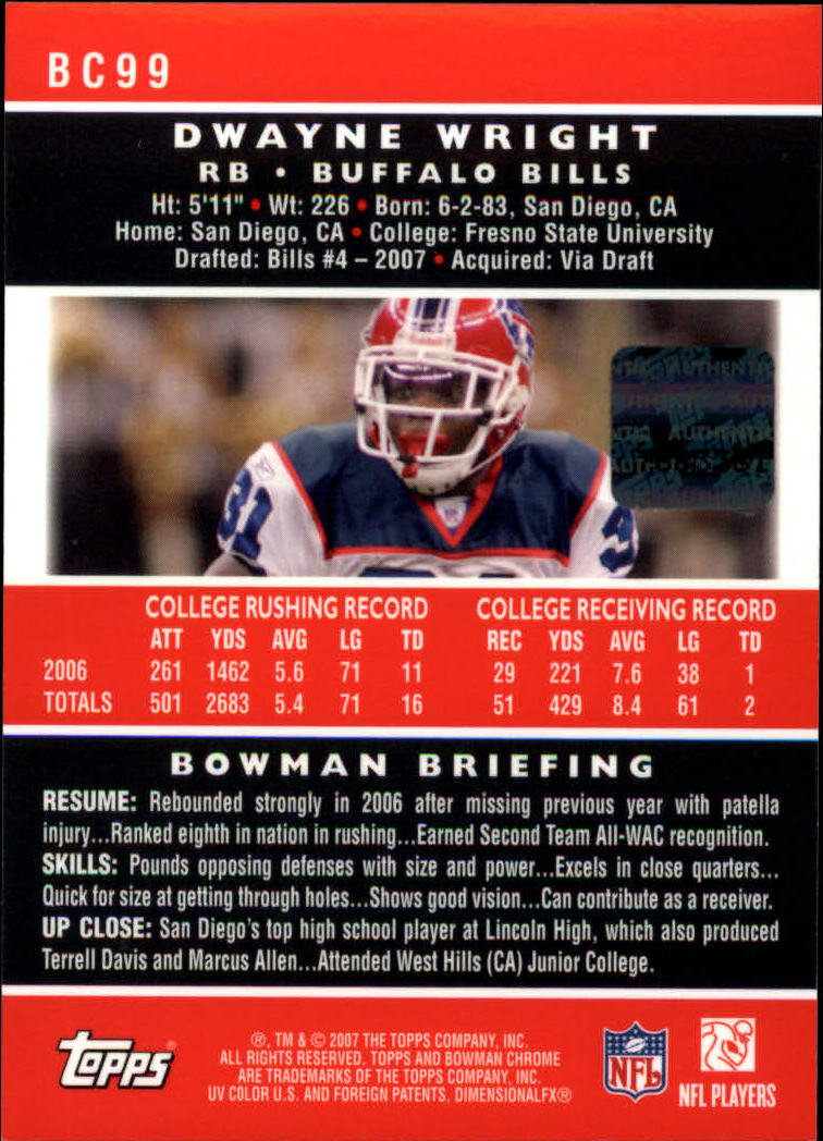 2007 Bowman Chrome Rookie Autographs #BC99 Dwayne Wright I back image
