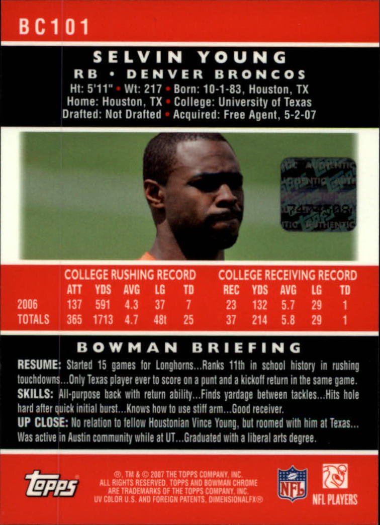 2007 Bowman Chrome Rookie Autographs #BC101 Selvin Young L back image