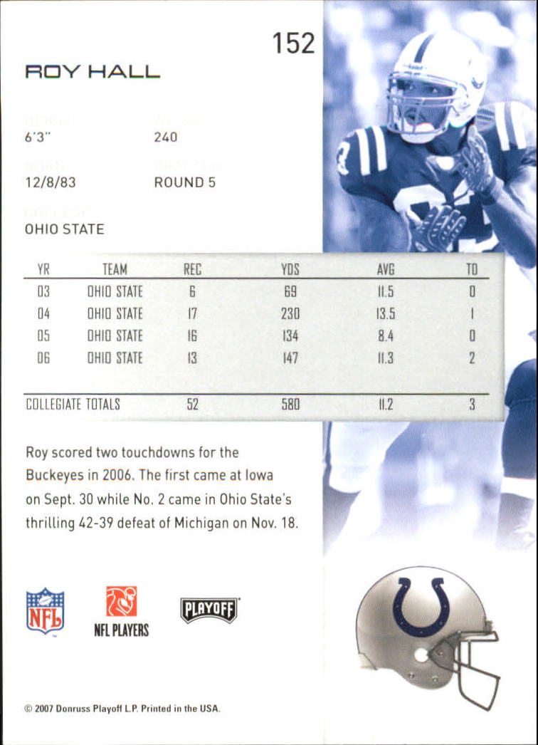 2007 Playoff NFL Playoffs #152 Roy Hall RC back image