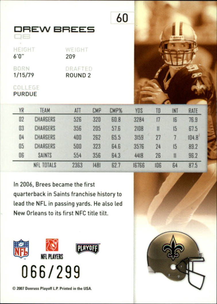 2007 Playoff NFL Playoffs Gold #60 Drew Brees back image