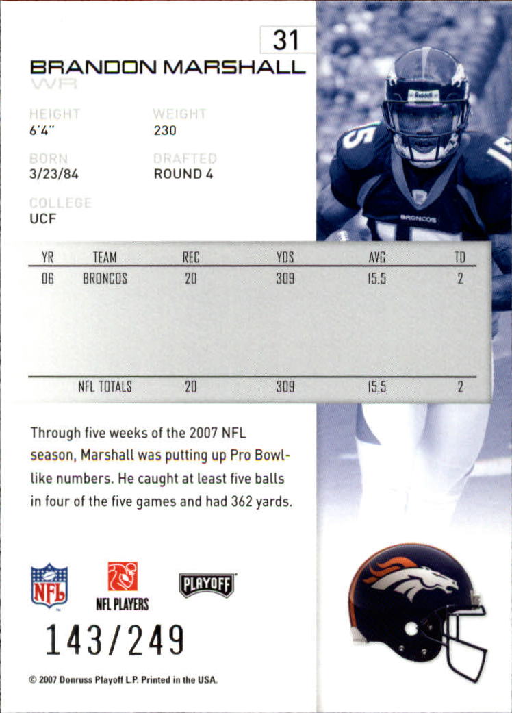 2007 Playoff NFL Playoffs Silver Metalized #31 Brandon Marshall back image