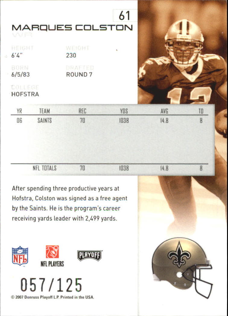 2007 Playoff NFL Playoffs Red Holofoil #61 Marques Colston back image