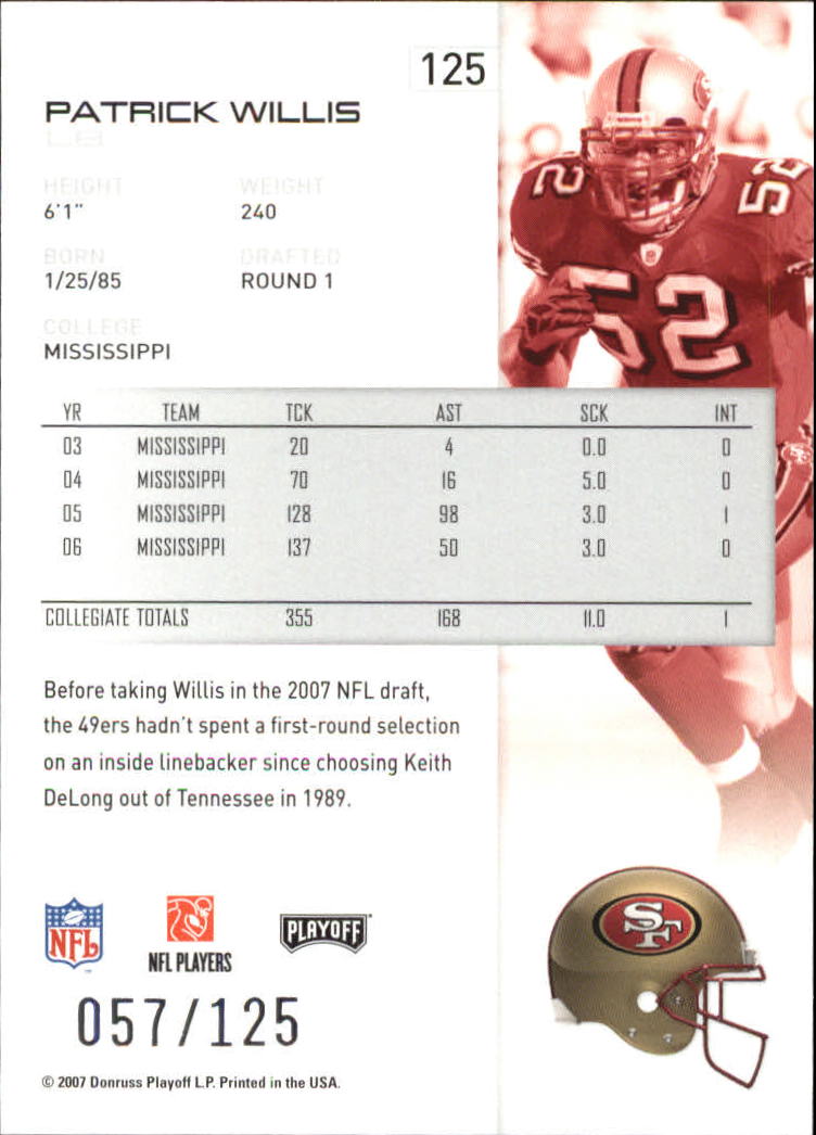 2007 Playoff NFL Playoffs Red Holofoil #125 Patrick Willis back image