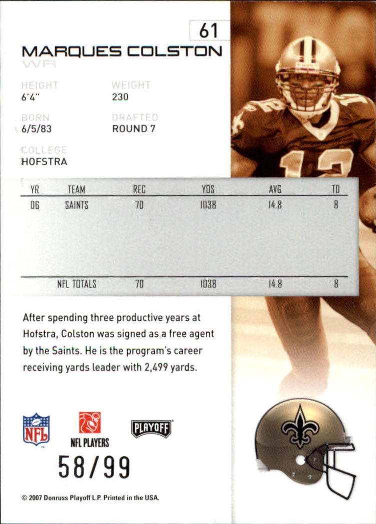 2007 Playoff NFL Playoffs Silver Holofoil #61 Marques Colston back image