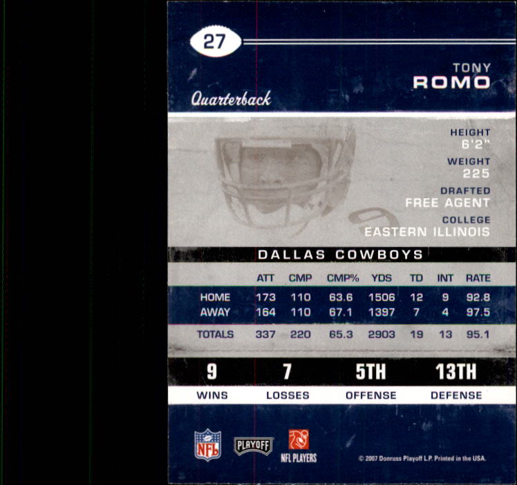 2007 Playoff Contenders #27 Tony Romo back image