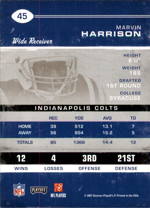 2007 Playoff Contenders #45 Marvin Harrison back image