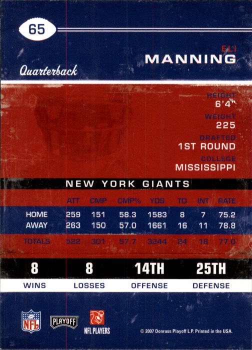 2007 Playoff Contenders #65 Eli Manning back image