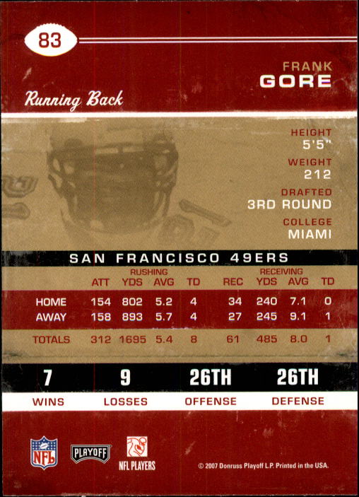 2007 Playoff Contenders #83 Frank Gore back image