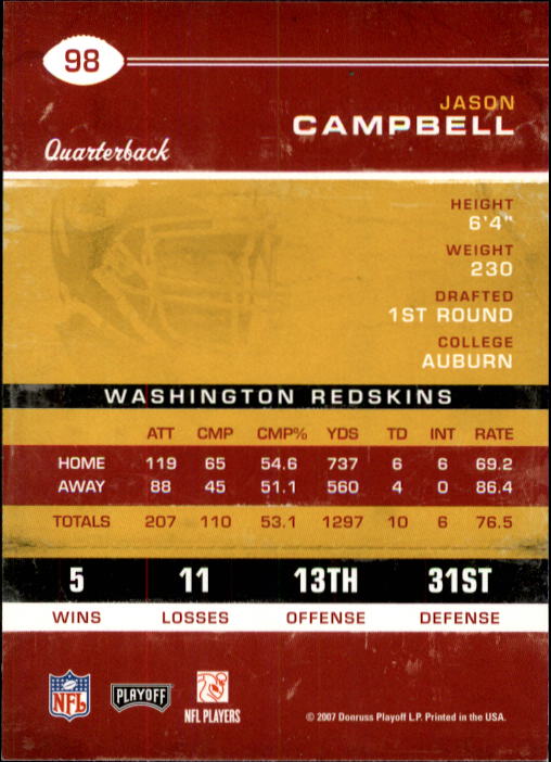 2007 Playoff Contenders #98 Jason Campbell back image
