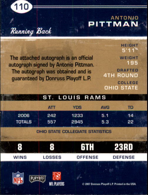 2007 Playoff Contenders #110 Antonio Pittman AU RC back image