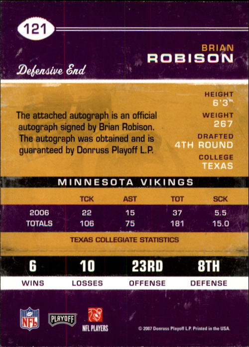 2007 Playoff Contenders #121 Brian Robison AU RC back image