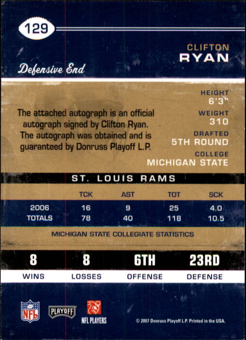 2007 Playoff Contenders #129 Clifton Ryan AU RC back image