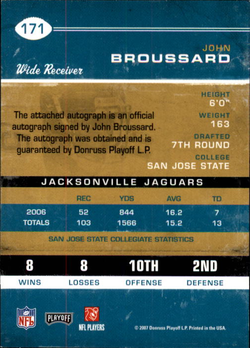 2007 Playoff Contenders #171 John Broussard AU RC back image