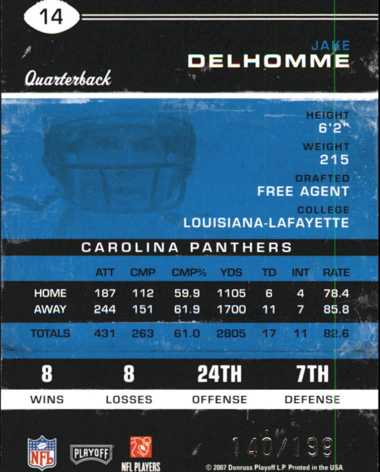 2007 Playoff Contenders Playoff Ticket #14 Jake Delhomme back image