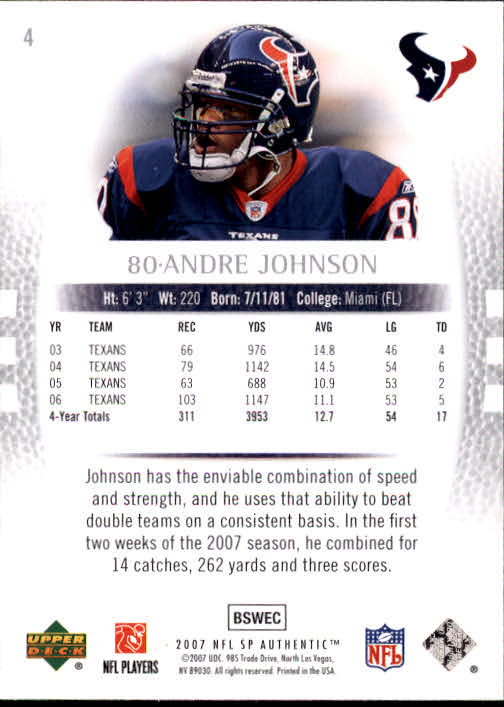 2007 SP Authentic #4 Andre Johnson back image