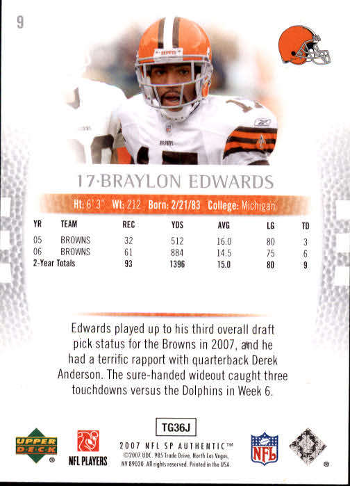 2007 SP Authentic #9 Braylon Edwards back image