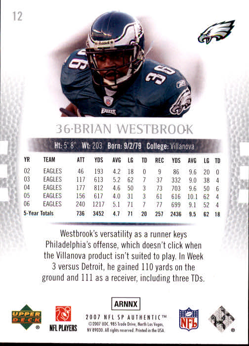2007 SP Authentic #12 Brian Westbrook back image