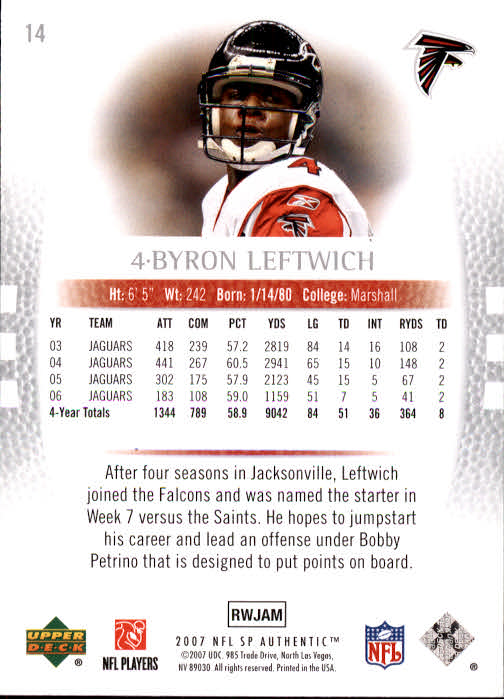 2007 SP Authentic #14 Byron Leftwich back image