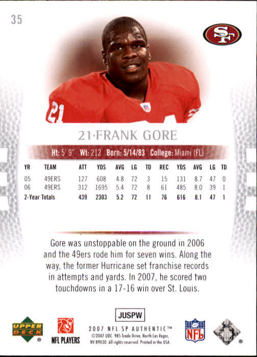 2007 SP Authentic #35 Frank Gore back image