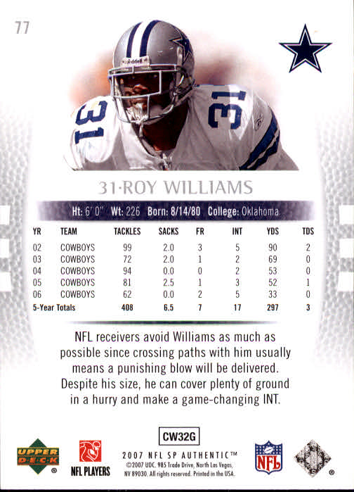 2007 SP Authentic #77 Roy Williams S back image
