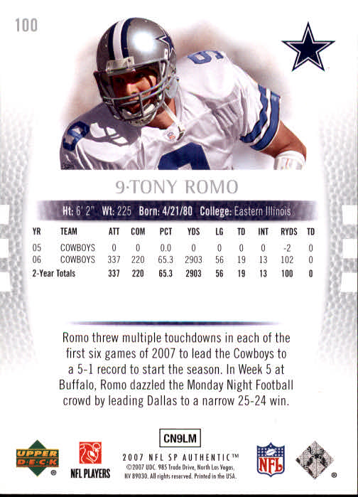 2007 SP Authentic #100 Tony Romo back image
