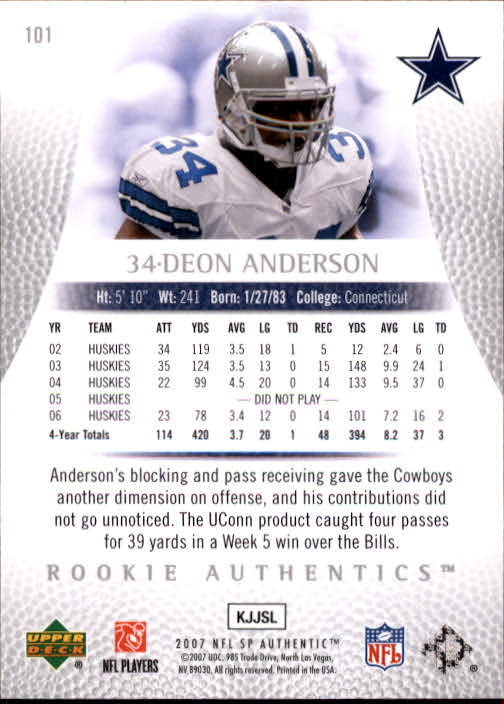 2007 SP Authentic #101 Deon Anderson RC back image
