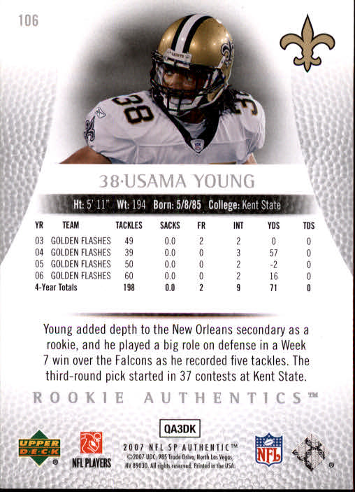 2007 SP Authentic #106 Usama Young RC back image