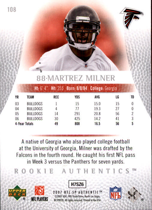 2007 SP Authentic #108 Martrez Milner RC back image