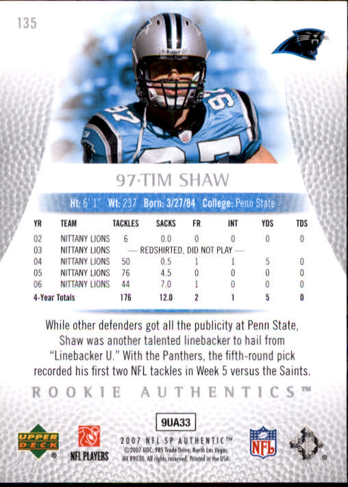 2007 SP Authentic #135 Tim Shaw RC back image