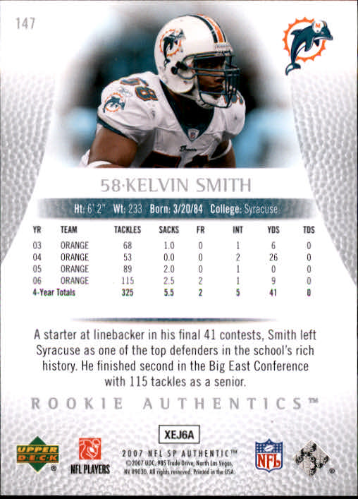 2007 SP Authentic #147 Kelvin Smith RC back image