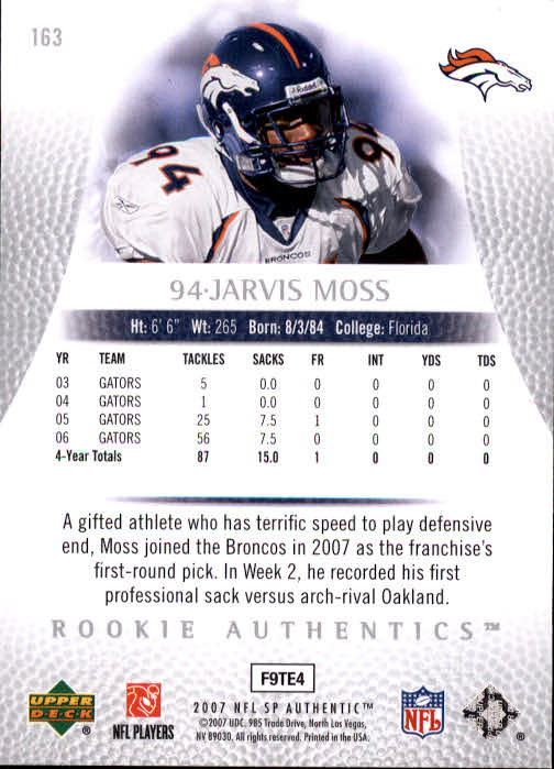 2007 SP Authentic #163 Jarvis Moss RC back image