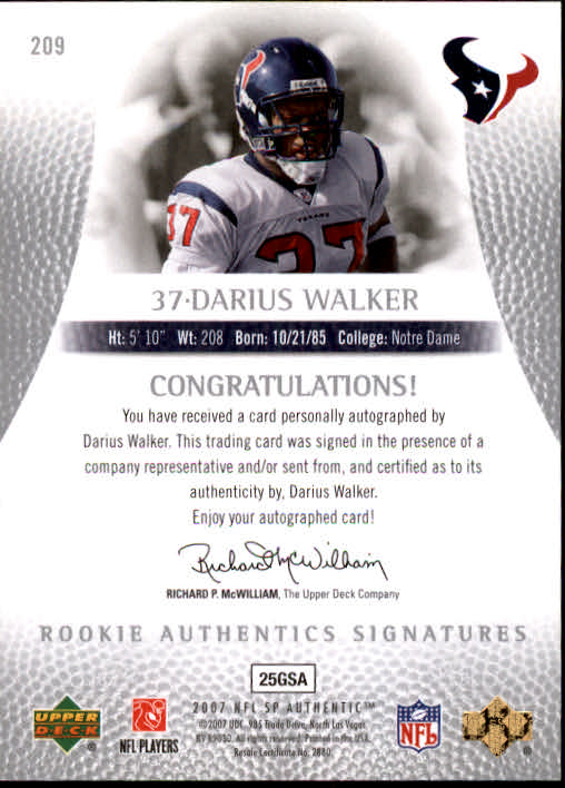 2007 SP Authentic #209 Darius Walker AU RC back image