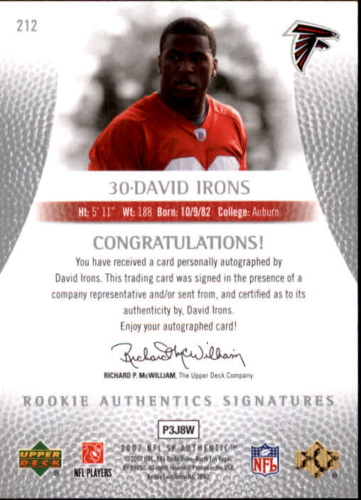 2007 SP Authentic #212 David Irons AU RC back image