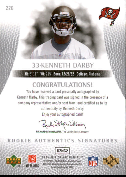 2007 SP Authentic #226 Kenneth Darby AU RC back image