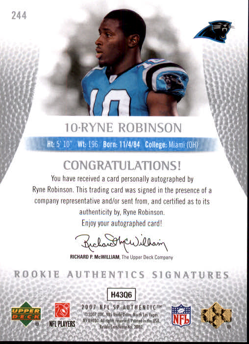 2007 SP Authentic #244 Ryne Robinson AU RC back image