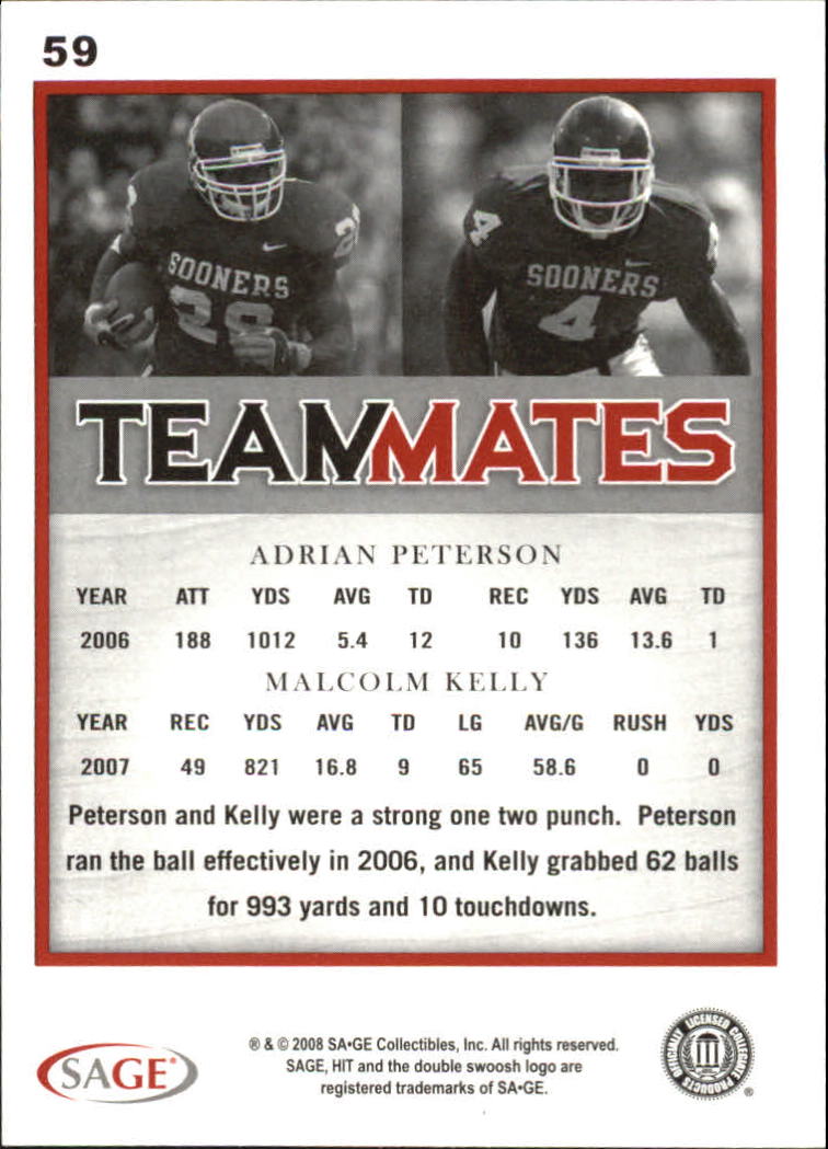 2008 SAGE HIT #59 Adrian Peterson/Malcolm Kelly back image