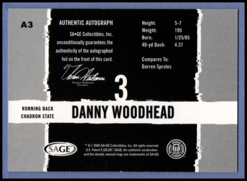 2008 SAGE HIT Autographs #A3 Danny Woodhead back image