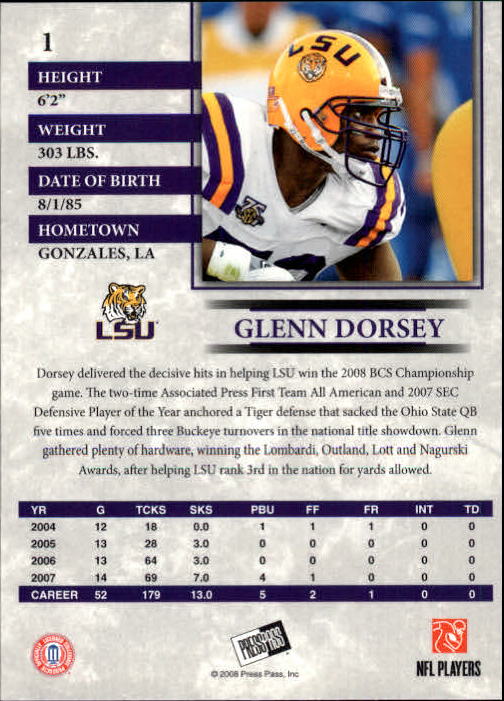 2008 Press Pass #1 Glenn Dorsey back image