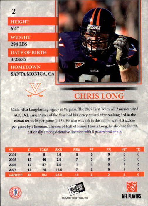 2008 Press Pass #2 Chris Long back image