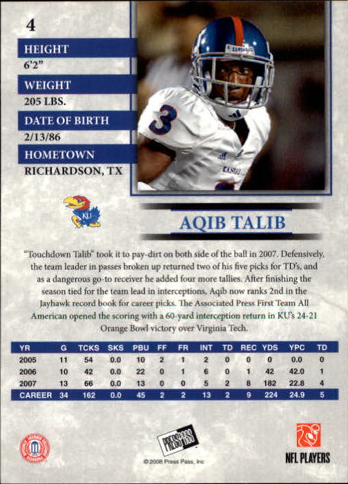 2008 Press Pass #4 Aqib Talib back image
