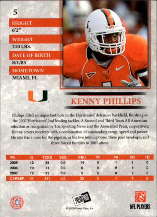 2008 Press Pass #5 Kenny Phillips back image